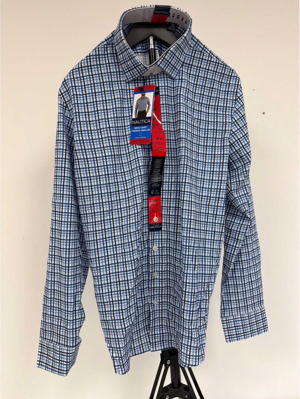 Nautica Men's Slim Fit Blue and White Check Dress Shirt M 0013